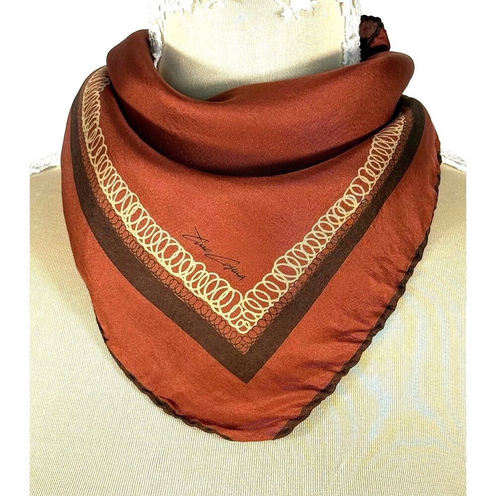 Vintage Tino Cosma 100% Silk Scarf 18” Square Rust Brown Chain Print Hand Rolled